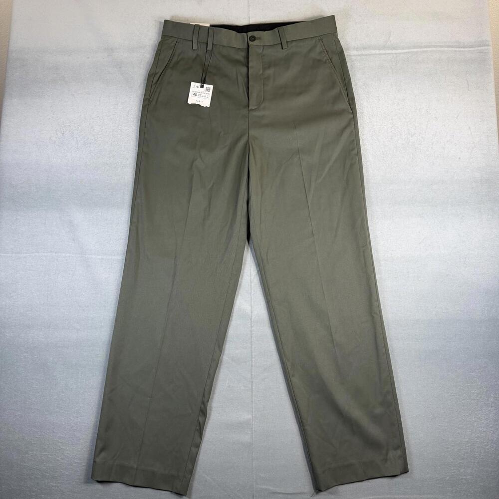 Zara Wide Leg Dress Pants Mens 34x31* Green Straight Leg Flat Front Relaxed